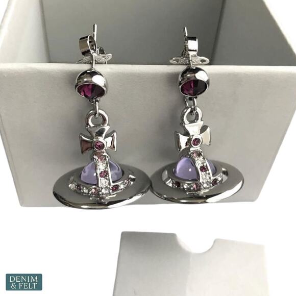 Vivienne Westwood Mayfair Orb Drop Earrings Silver Lilac Crystal Set NEW - Picture 5 of 10